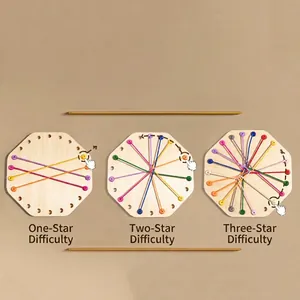 Logic string puzzle board for kids made of natural wood with colorful elastic ropes