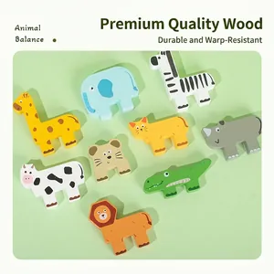 Colorful hand-painted wooden animal balance blocks set including giraffe and elephant