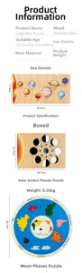Detailed size chart for wooden solar system, moon phase, and world map educational puzzles
