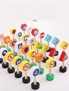 Macro view of 30-piece wooden traffic sign set for children educational road safety play