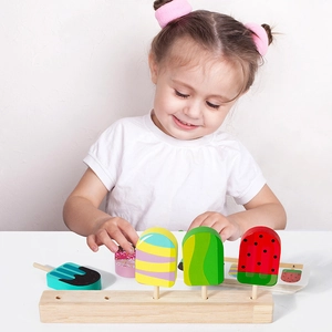 Wooden ice cream puzzle toy set for kids with colorful lolly sticks and natural wood base