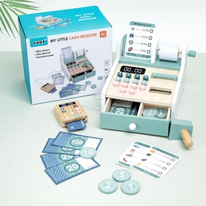 Educational wooden play cash register set with scanner and accessories for kids