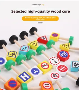 Detailed top view of wooden traffic sign blocks with smooth finish and bright water-based paint