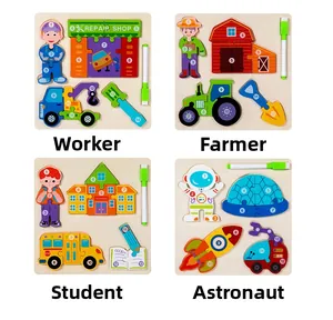 Detail view of four wooden 3D career puzzles with numbered blocks and markers
