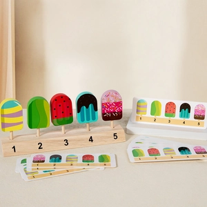 Educational wooden popsicle toy set for children featuring number and color matching logic