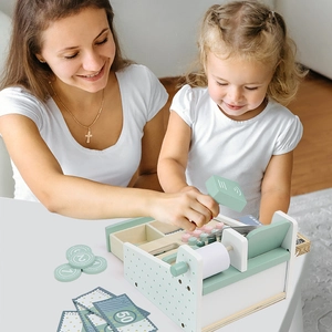 Educational wooden cash register toy set with scanner and play money for toddlers