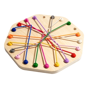 Educational wooden puzzle board with colorful silicone buttons and elastic strings for kids