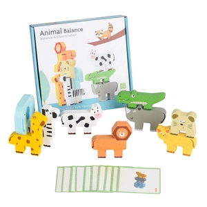 Wooden animal stacking balance blocks set with challenge cards and colorful box packaging