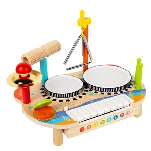 Wooden kids musical instrument center with drums, piano keys, and xylophone set
