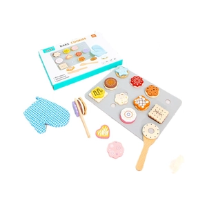 Kids wooden play food set with 12 toy cookies, baking tray, spatula, and oven mitt