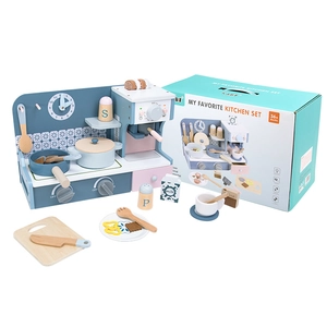 Wooden play kitchen set in Morandi colors with stove and coffee machine accessories