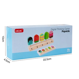 Digital Thinking Game wooden popsicle toy packaging with size dimensions for 18+ months