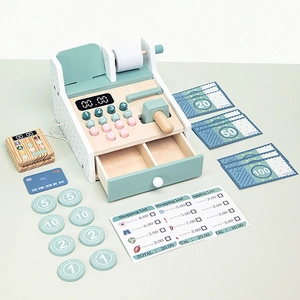 Wooden play cash register toy set with scanner, pretend money and credit cards for kids