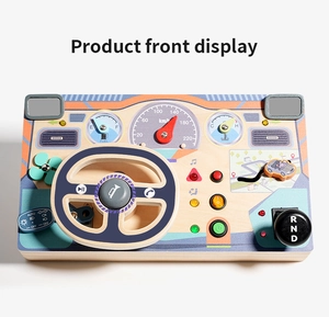 Detailed front view of a wooden steering wheel busy board for Montessori early education