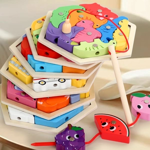Hexagonal Wooden Magnetic Fishing Puzzle Toy Educational Montessori Jigsaw Board Dinosaur Traffic Fruit Animal Theme 3D Game For Kids