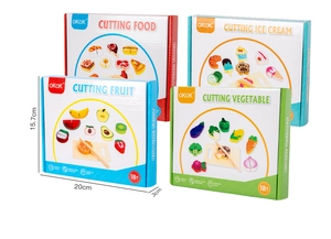 Vue détaillée des ensembles de jouets de cuisine en bois avec fruits et légumes en boîte