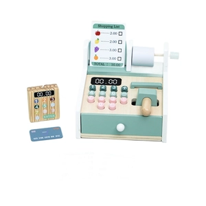 Wooden toy cash register set with scanner and credit card in Morandi green and pink colors