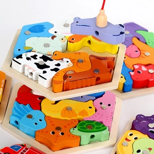 Hexagonal wooden magnetic fishing puzzle with colorful 3D animals for toddlers