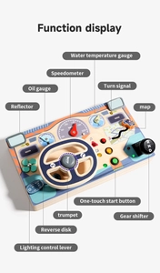 Detail view of wooden Montessori busy board showing steering wheel and dashboard gauges