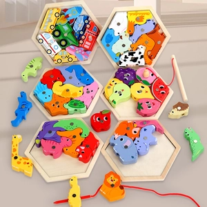 Educational hexagonal magnetic wooden fishing puzzle with animals and vehicles for children