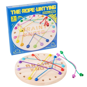 Brainy Knots logic puzzle toy with wooden base and ten colorful elastic strings for kids