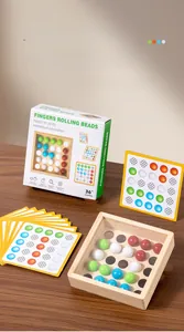 Detailed set of wooden logic game with colored beads, challenge cards and packaging