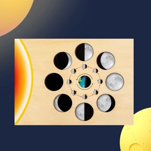 Educational wooden solar system puzzle showing the earth moon phases and orbit cycles