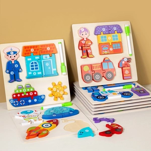 3D wooden puzzle set for kids featuring numbers, vehicles and astronaut themes