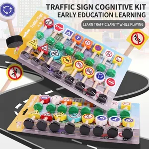 Montessori Wooden Traffic Signs Educational Toy Kids Road Safety Cognition Blocks For School Learning Hand Painted