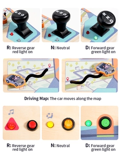 Detail view of wooden steering wheel busy board with LED lights and gear shift buttons
