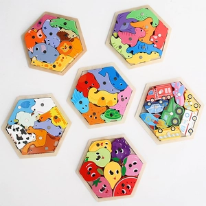 Set of six hexagonal wooden puzzles for kids with animals and transport patterns