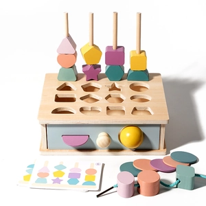 Educational wooden shape sorter box with colorful geometric blocks and learning cards
