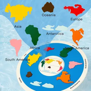 Educational wooden world map puzzle with colorful continents and English ocean labels