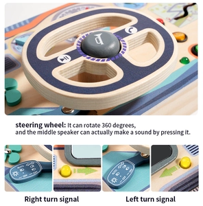 Macro detail of wooden Montessori busy board with simulation steering wheel and signal lever