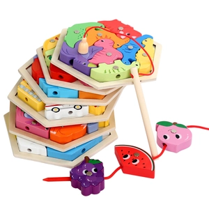Wooden hexagonal puzzle toy for kids with animal blocks and magnetic fishing rod set