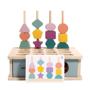 Wooden Montessori sorting toy with geometric shape blocks in Morandi colors on white base
