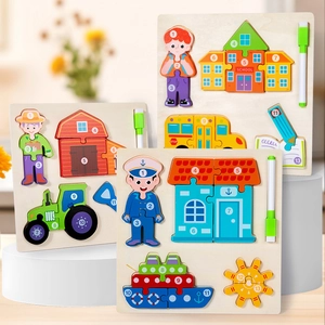 Educational 3D wooden puzzle set with vehicle and figure themes and drawing markers
