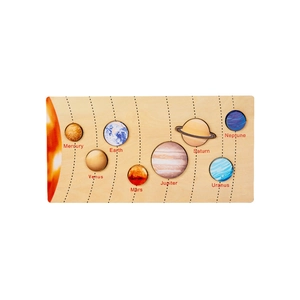 Educational wooden solar system puzzle with eight planets on a minimalist wood base