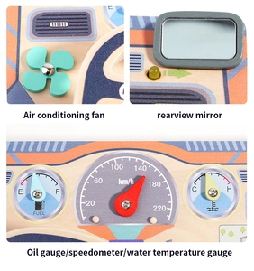 Detailed wooden busy board showing car dashboard features like speedometer and fuel gauge
