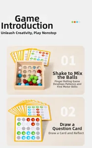 Educational wooden puzzle steps showing logical ball matching and challenge cards