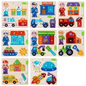 Kids wooden 3D number puzzles set with eight educational themes and erasable pen
