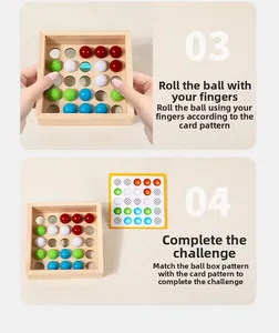 Detailed view of wooden logic puzzle with colored beads and instructional cards