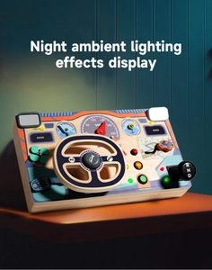 Detail of wooden simulator steering wheel toy with glowing night ambient lighting effects
