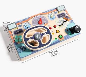 Detailed size view of wooden steering wheel busy board measuring 11.2 x 6.5 inches