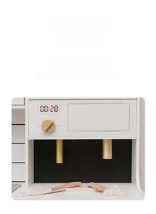 Close-up of wooden toy coffee maker with gold knobs and digital timer display