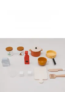 Detailed set of wooden kitchen play food and utensils with pans, juice and milk for kids