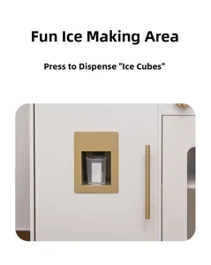 Detail of wooden toy kitchen ice maker with white panel, golden handle and plastic cup