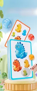 Detail of dinosaur puzzle cards with multi-sided numbered dice and 3D magnifying glass