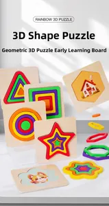 Detail view of colorful 3D rainbow wooden puzzle with layered geometric shapes