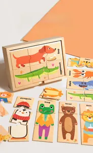 Détail de puzzles d'animaux en bois avec mots anglais et leur boîte de rangement